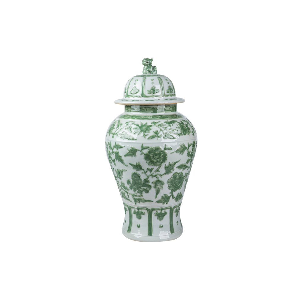 Celadon Green Carved Floral Temple Jar Lion Lid