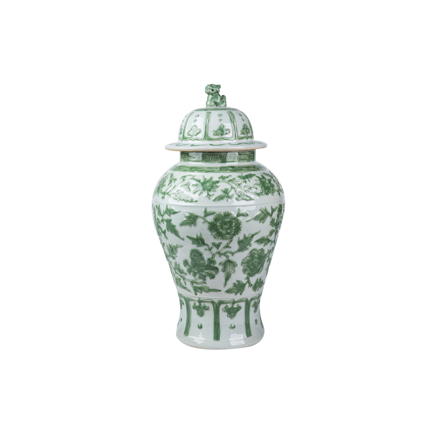 Celadon Green Carved Floral Temple Jar Lion Lid