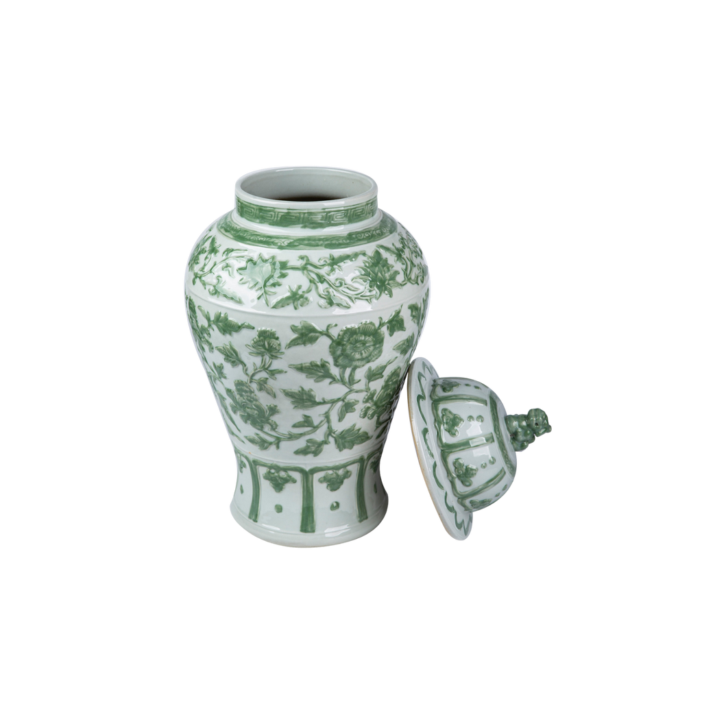 Celadon Green Carved Floral Temple Jar Lion Lid