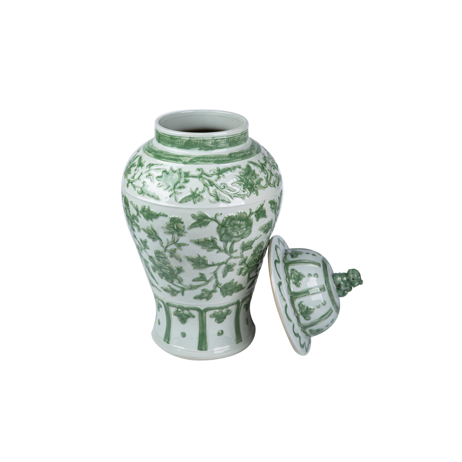 Celadon Green Carved Floral Temple Jar Lion Lid