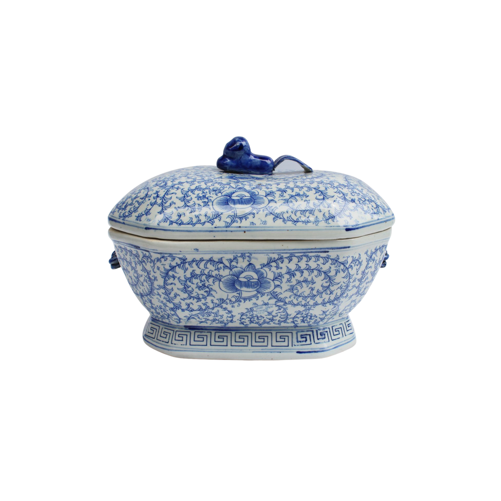 Blue & White Hex Fruit Porcelain Jar Floral Motif