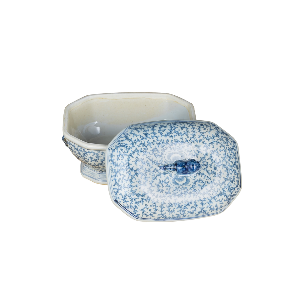 Blue & White Hex Fruit Porcelain Jar Floral Motif