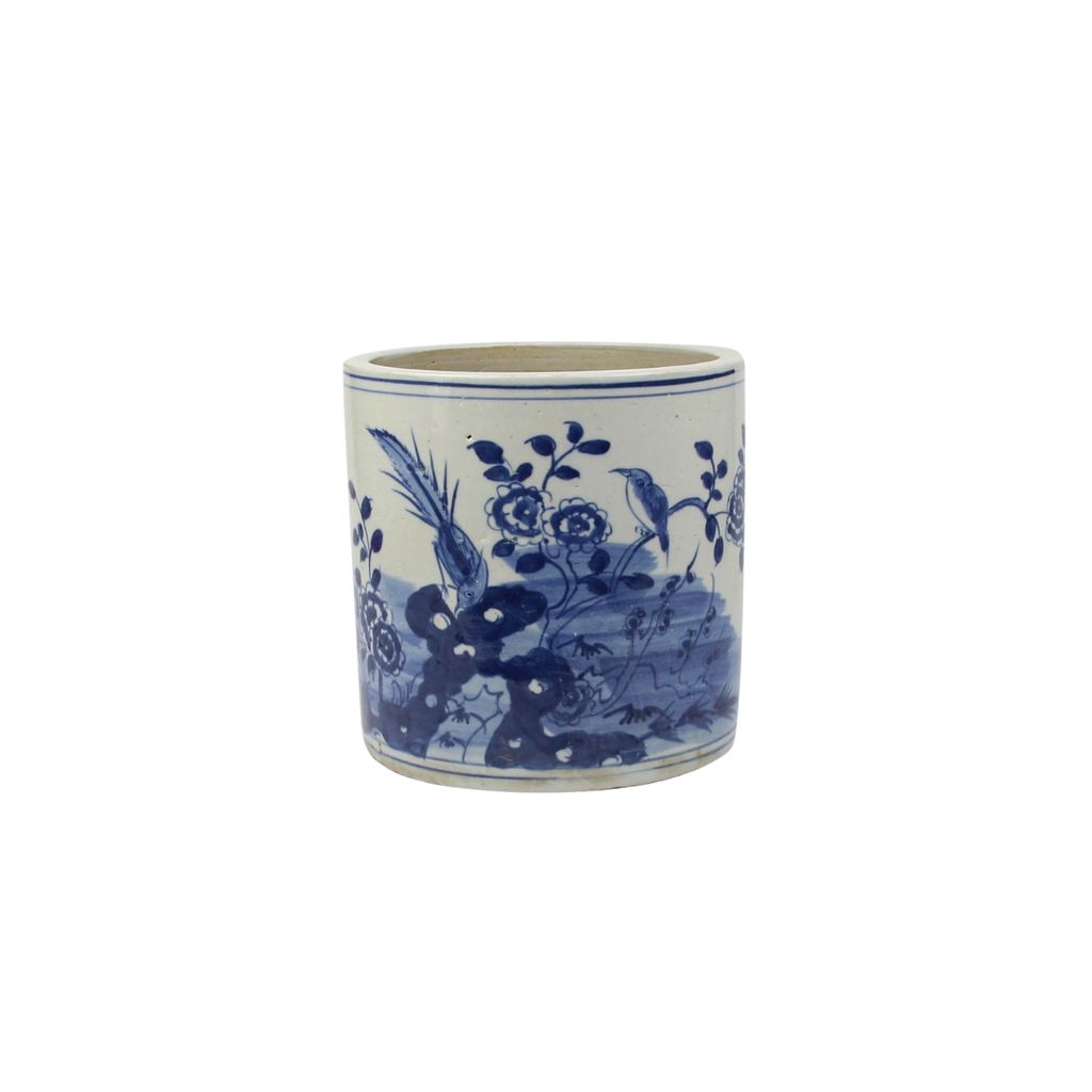 Blue and White Orchid Pot Bird Floral Motif