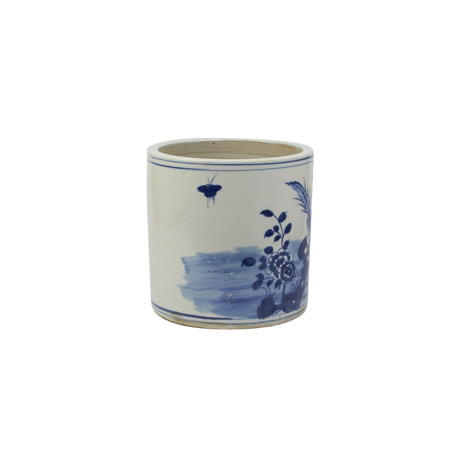 Blue and White Orchid Pot Bird Floral Motif