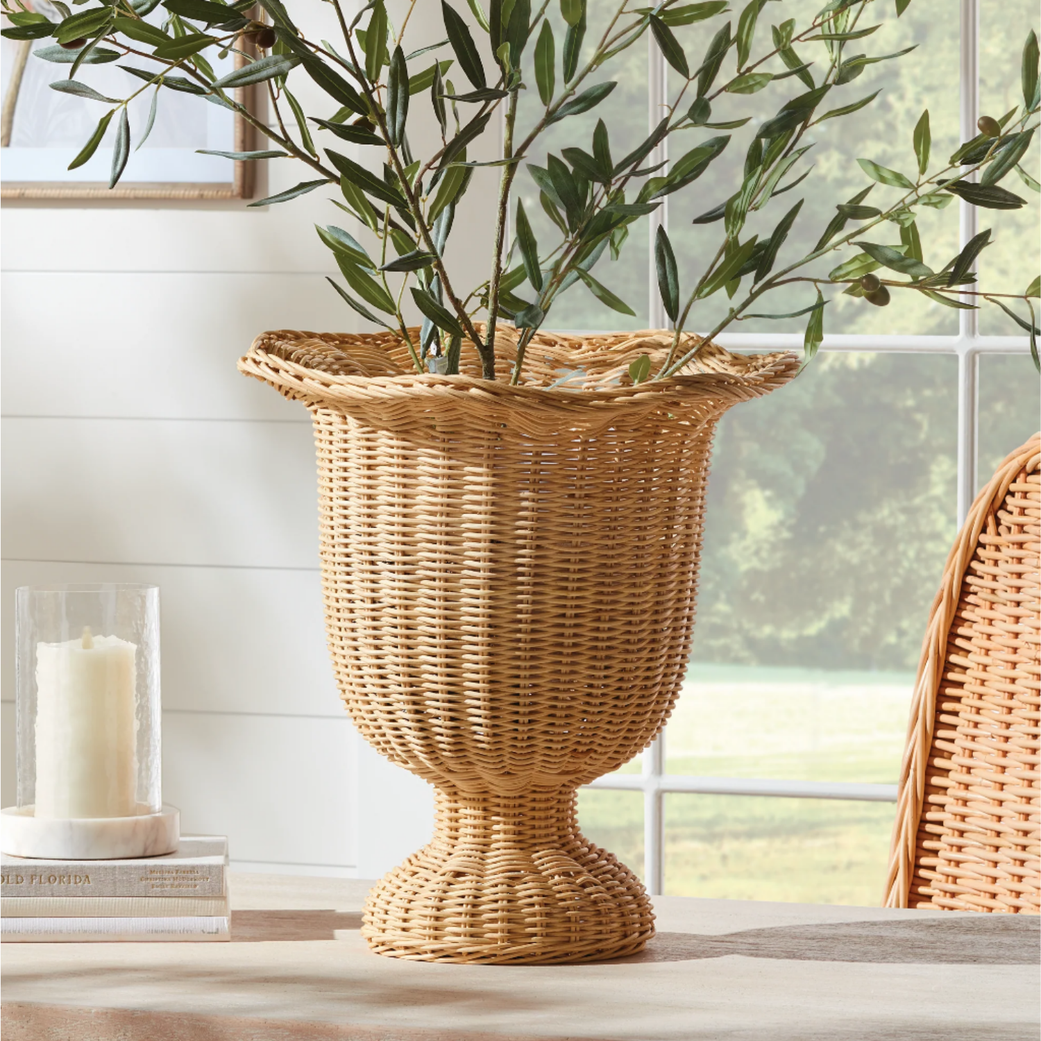 Myra Rattan Scalloped Edge Footed Urn